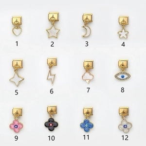 Italian modular gold stainless steel charms with star, moon and shell clover pendants