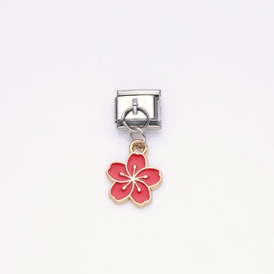 Italian charm link with red enamel cherry blossom pendant in polished stainless steel