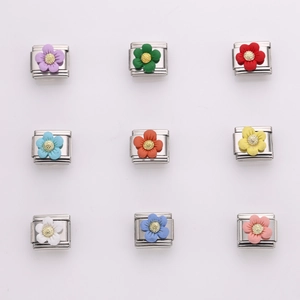 Italian daisy charm set with 9 colors of resin flowers on stainless steel bases