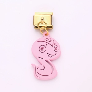 Pink snake charm for Italian link bracelets with golden connector and petal detail