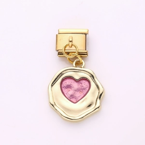 Italian modular gold charm with vintage pink heart seal and stainless steel link