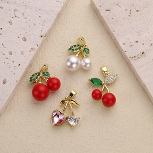 Sweet cherry charms for DIY jewelry featuring pearls and colorful crystal stones
