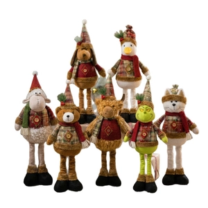 Christmas plush dolls set featuring telescopic long legs and festive red plaid outfits