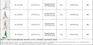 Detailed size chart for lighted Christmas gnomes with dimensions and packing specifications
