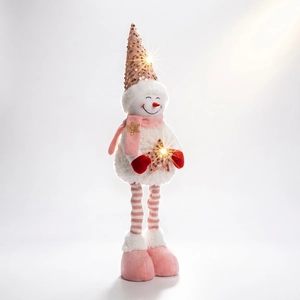 Illuminated telescopic snowman doll with pink sequins and star for Christmas decor