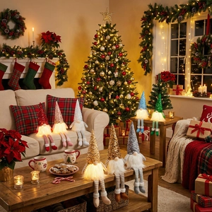 Cozy Christmas scene with glowing sequin gnomes and soft legs near a festive tree