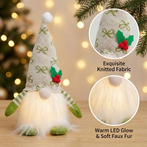 Gnome de Noël lumineux avec bonnet tricoté et barbe à éclairage LED blanc chaud décor