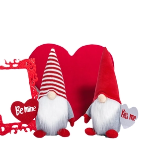 Valentine's Day gnome plush duo with Be mine and Kiss me hearts on festive background