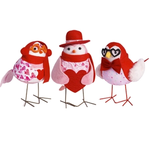 Three-piece Valentine bird figurines with red hearts, scarves, and hats for home decor