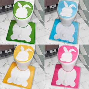 Easter bunny toilet cover and mat set in green, blue, yellow and pink bathroom decor