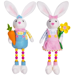 Figurines de lapins de Pâques en peluche avec jambes en perles et décorations de fleurs