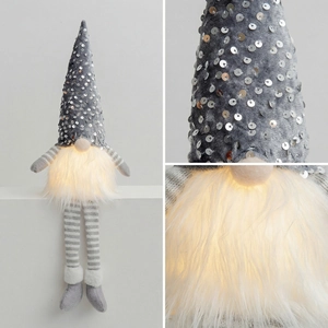 Lighted Christmas gnome decor with silver sequins hat and hanging striped soft legs