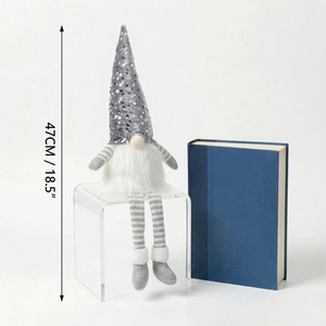 Silver sequin Christmas gnome plush sitting on stand, 47cm height holiday decoration