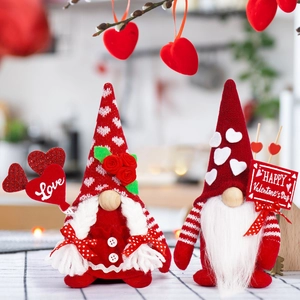 Valentine's Day couple gnome plush decor with red knitted hats and Love heart signs