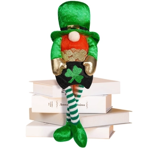 Saint Patrick's Day gnome on white books with green clover and long striped legs