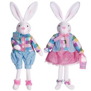 Easter plush bunny set with blue vest and pink tutu carrying happy easter signs