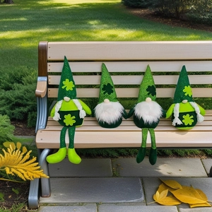 Saint Patrick's Day gnomes with green shamrock hats and long legs in a natural setting