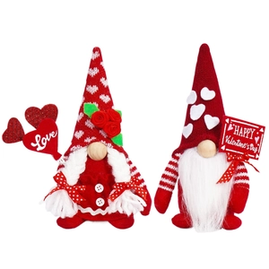 Handmade Valentine's Day gnome plush set with Love heart signs and red knitted hats