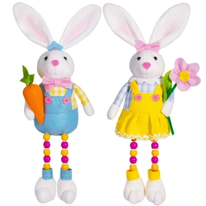 Figurines de lapins de Pâques jaune et bleu avec jambes perlées pour décoration festive