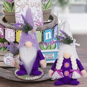 Detail of lavender gnome plush set with purple flowers, lace and wooden buttons on wood base