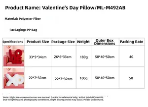 Size chart showing dimensions for red LOVE and white XO decorative polyester pillows