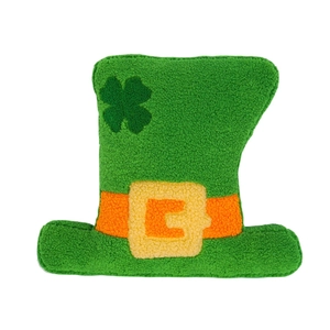 Saint Patrick's Day green hat pillow with four-leaf clover embroidery and buckle detail