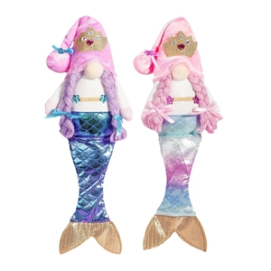 Pair of summer mermaid gnomes with sequin tails and pink purple plush braids
