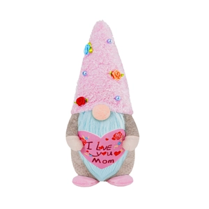 Mother's Day gnome plush with pink hat, silk rose and I Love You Mom heart sign