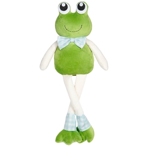 Cute long-legged plush frog ornament with a blue checkered bow on white background
