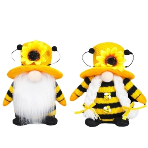 Handmade bee gnome plush set with striped hats, sunflowers and wings for spring decor