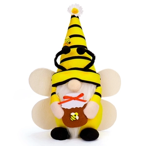 Bee festival gnome plush with sunflower pot, yellow black stripes and white wings