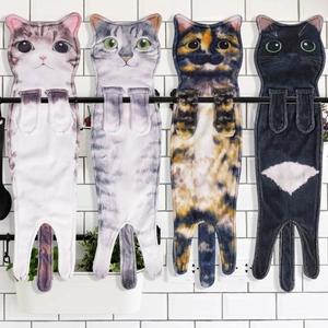 Hanging cat-shaped microfiber hand towels in four diverse realistic kitten patterns