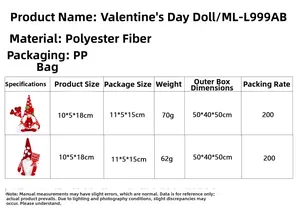 Detailed size chart for Valentine's gnome plush featuring dimensions and weight specs