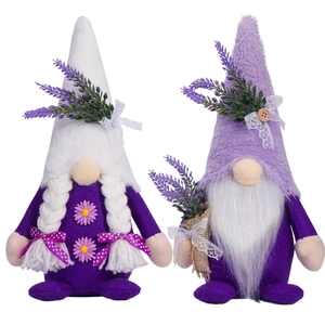 Lavender purple gnome plush set with long white beards and floral knitted hats