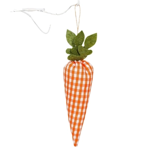 Easter fabric carrot ornament with orange checkered pattern and green felt leaves hanging