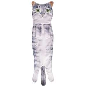 Hanging grey striped cat hand towel with realistic cat print and snap front paws