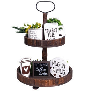 Rustic 2-tier wooden coffee tray decor with dark wood grain and black metal handle