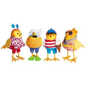Set of four summer beach themed decorative birds with sunglasses and swim gear