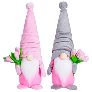 Paire de gnomes en peluche avec tulipes roses pour la fête des mères et décoration