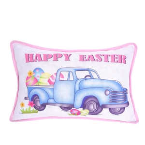 Easter throw pillow featuring a vintage blue truck with colorful eggs and Happy Easter text