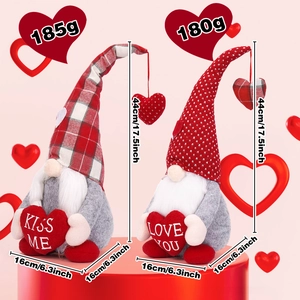 Set of two Valentine Gnomes with plaid and polka dot hats holding LOVE YOU and KISS ME hearts