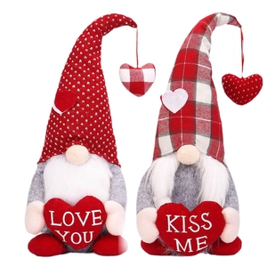 Valentine's Day gnome plush duo with plaid hats holding Love You and Kiss Me hearts