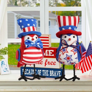 Patriotic bird figurines with American flag stars and stripes hats for festive home decor