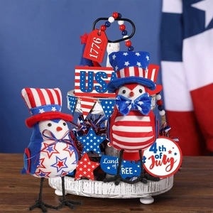 Patriotic July 4th bird figurines with American flag tiered tray decor set
