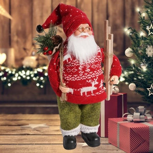 Detailed 12-inch Santa Claus doll with red reindeer sweater, wooden skis and gift bag
