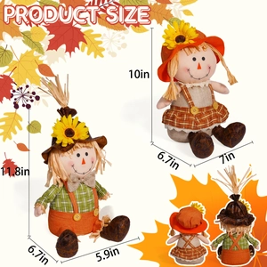 Harvest festival scarecrow doll set with sunflowers and maple leaves for autumn decor