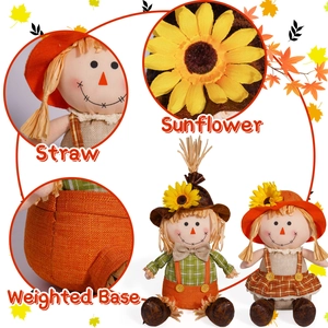 Autumn harvest scarecrow dolls set with sunflowers and weighted base for stability