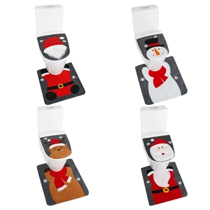 Christmas toilet seat cover and floor mat set featuring Santa Claus, snowman, and elk designs