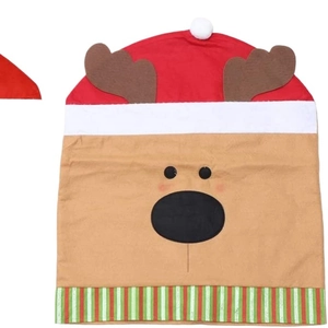 Christmas reindeer chair cover featuring a festive red hat and green striped trim design
