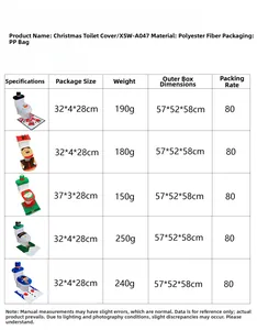 Size chart showing snowman and elk Christmas toilet seat cover set dimensions and materials